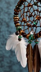 Poster - A traditional dreamcatcher hanging against a textured blue wall.