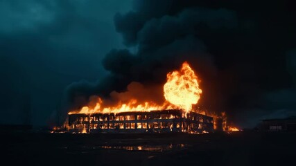 Aufkleber - Large flames engulfing an industrial building at night, creating a dramatic scene of destruction and emergency with thick smoke billowing into the sky