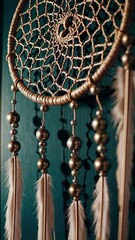 Aufkleber - A traditional dreamcatcher hanging against a textured blue wall.