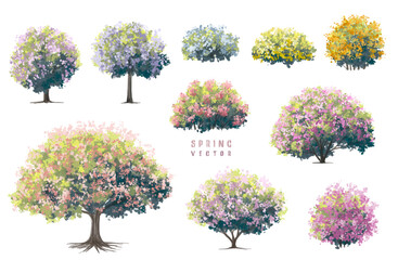 Wall Mural - vector watercolor blooming flower tree or forest side view isolated on white background for landscap