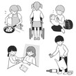 © linden - 社会問題 日常的に家事や家族の世話を行うヤングケアラーのモノクロイラストセット