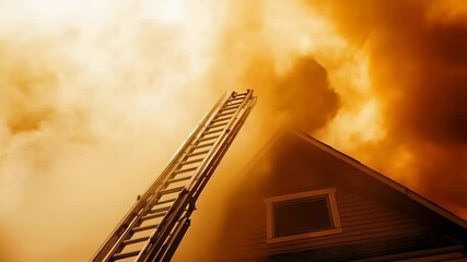 Poster - Long extended ladder reaching towards the roof of a burning house engulfed in smoke and flames, against a dramatic orange sky during a fire emergency