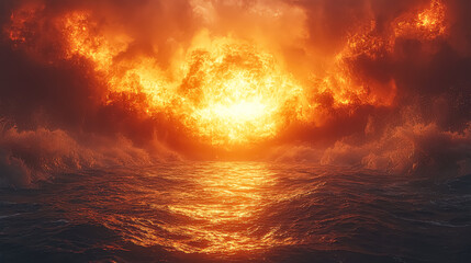 Wall Mural - fiery explosion in the ocean with a bright sun in the background. the scene is intense and dramatic