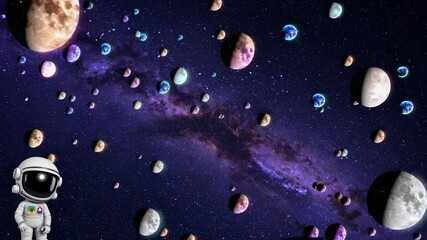 Poster -  A young child in a detailed astronaut suit gazing at glowing planets in a dreamy cosmic sky.
