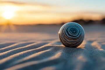 Wall Mural - Beautiful mineral sphere on sandy beach at sunset with warm colors illuminating the horizon