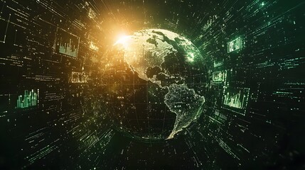 Poster - Futuristic digital globe surrounded by symbols and icons representing the most influential technological trends and innovations of the decade including AI big data cloud computing