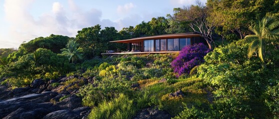 Canvas Print - A modern house nestled in lush greenery, surrounded by vibrant plants and rocks, offering a serene and tranquil atmosphere.