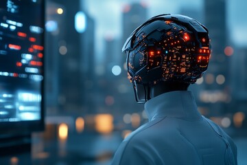 Poster - Futuristic robot observes bright city lights while standing in a sleek, modern building at dusk