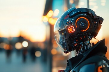 Poster - Futuristic robotic figure with illuminated features gazing at urban sunset skyline