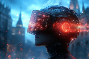 Poster - Futuristic character wearing a high-tech helmet against a digital city backdrop during twilight