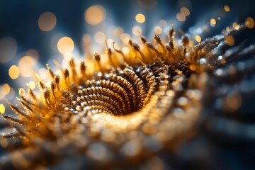 Aufkleber - Close-up view of a golden spiral pattern in nature with shimmering light reflecting off delicate textures