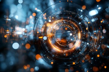 Poster - Dynamic circular pattern with glowing lights and abstract design elements in a futuristic digital environment