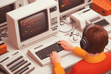 Fototapete - A 8-bit pixel art of a retro computer center with pixelated CRT monitors, keyboards, and characters typing on terminals