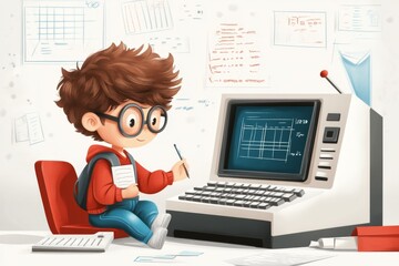 Poster - A 8-bit pixel art of a student sitting at a desk, taking a placement test on a retro-style computer