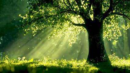 Wall Mural - sunlight filtering through lush green leaves