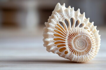 Poster - Detailed spiral shell showcasing intricate patterns and textures on a wooden surface during bright daylight