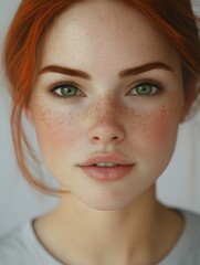 Aufkleber - Hyper-realistic portrait of a young woman with auburn hair, freckles, and captivating green eyes, soft studio light creating a gentle glow, smooth skin texture and natural beauty