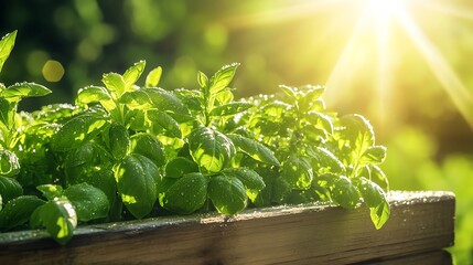 Poster - A vibrant herb garden illuminated by morning sunlight, creating a serene and lush atmosphere.