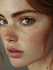 Aufkleber - Hyper-realistic portrait of a young woman with auburn hair, freckles, and captivating green eyes, soft studio light creating a gentle glow, smooth skin texture and natural beauty