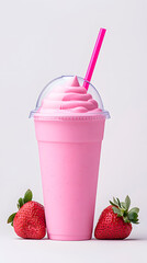 Sticker - Pink strawberry milkshake in a plastic takeaway cup isolated on white backdrop
