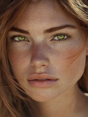 Aufkleber - Hyper-realistic portrait of a young woman with auburn hair, freckles, and captivating green eyes, soft studio light creating a gentle glow, smooth skin texture and natural beauty
