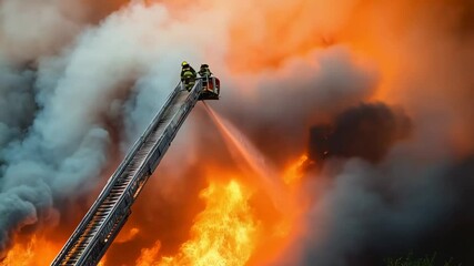 Poster - Brave firefighters are battling a raging industrial fire, using an elevated platform to reach the heart of the blaze amidst intense flames and thick smoke