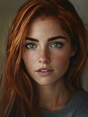 Aufkleber - Hyper-realistic portrait of a young woman with auburn hair, freckles, and captivating green eyes, soft studio light creating a gentle glow, smooth skin texture and natural beauty
