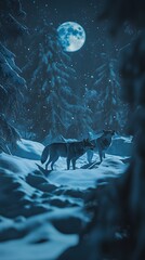 Poster - Pack of wolves howling under a full moon, snowy terrain reflecting cold blue light, dense forest in the background, mysterious and haunting
