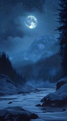 Poster - Pack of wolves howling under a full moon, snowy terrain reflecting cold blue light, dense forest in the background, mysterious and haunting