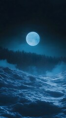 Poster - Pack of wolves howling under a full moon, snowy terrain reflecting cold blue light, dense forest in the background, mysterious and haunting