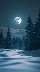 Poster - Pack of wolves howling under a full moon, snowy terrain reflecting cold blue light, dense forest in the background, mysterious and haunting