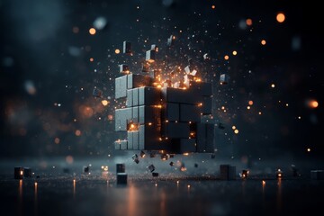 Poster - Vibrant cube structure emits glowing particles in a dark environment