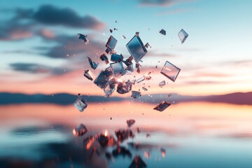 Wall Mural - Fragmented glass shards elegantly suspended over a tranquil lake at sunset reflecting vibrant hues in the sky