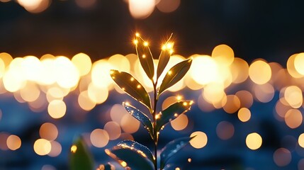 Poster - Young evergreen tree sapling illuminated by warm bokeh lights creating magical holiday atmosphere against dark blue background, festive winter nature.