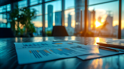 Poster - Business meeting in a modern office with charts and sunset view outside