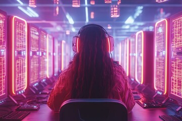 Aufkleber - A cyberpunk-inspired digital placement test where students interact with floating neon holographic answer choices