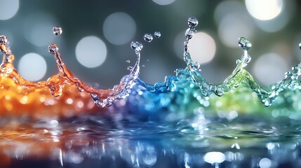 Poster - Colorful water drops splashing in sequence creating rainbow effect with bokeh background, macro photography showing liquid motion and reflection on water surface.