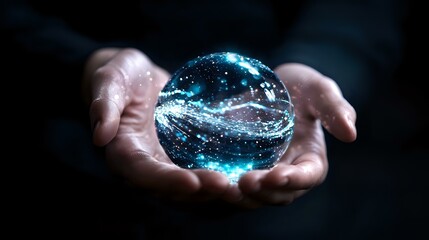 Poster - Glowing blue crystal ball with cosmic galaxy effect held in cupped hands against dark background, mystical fortune telling and spiritual concept.