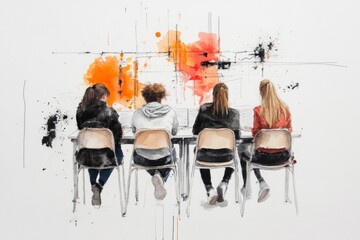 Aufkleber - A delicate watercolor sketch of an exam hall filled with students, each deeply focused on their placement test
