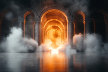 Poster - A dreamy watercolor illustration of a fantasy palace main hall, glowing with ethereal light