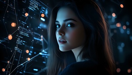 Poster - young woman with long dark hair against futuristic digital interface background with glowing data po