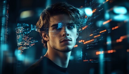 Poster - Young male programmer in dark environment with futuristic holographic data projections and code visualization, dramatic cyberpunk lighting creates tech atmosphere.