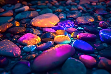 Poster - Colorful wet pebbles and stones illuminated by vibrant neon lights creating magical atmosphere with pink, purple and blue reflections on dark background.
