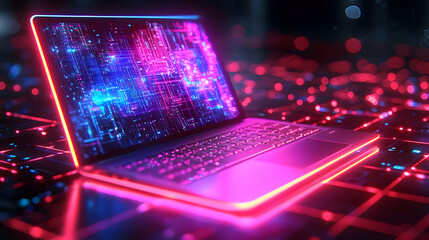 Poster - Futuristic laptop glowing with neon lights against a digital backdrop