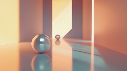 Poster - Minimalist abstract composition with metallic spheres on reflective surface in warm orange and teal tones, dramatic lighting creates geometric shadows.