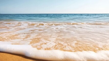 Poster - Soft, shimmering ocean waves washing over golden sandy coastline, revealing peaceful seascape with tranquil slow motion movements reflecting pristine summer destination