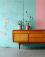 Poster - Mid Century Wooden Credenza Adorned With Potted Plants Against a Vibrant Pastel Wall