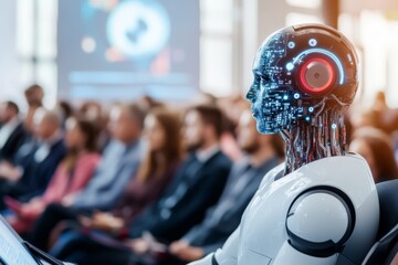 Poster - A high-tech futuristic speech where a holographic AI delivers a keynote address to an audience of robots and humans