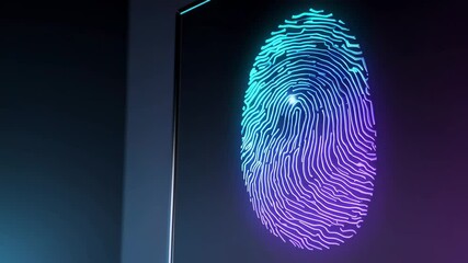 Poster - Glowing blue and purple biometric fingerprint gradually emerging on dark digital screen, revealing intricate security technology details with slow motion visual effect