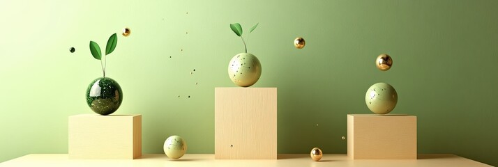 Poster - Floating Spheres in Harmonious Lime Cream Hues Create a Tranquil Minimalist Composition